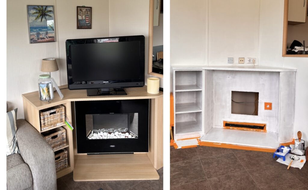 Oude hoekkast met elektrische haard in de stacaravan voor de make-over enHoekkast in de stacaravan wit verven tijdens de renovatie