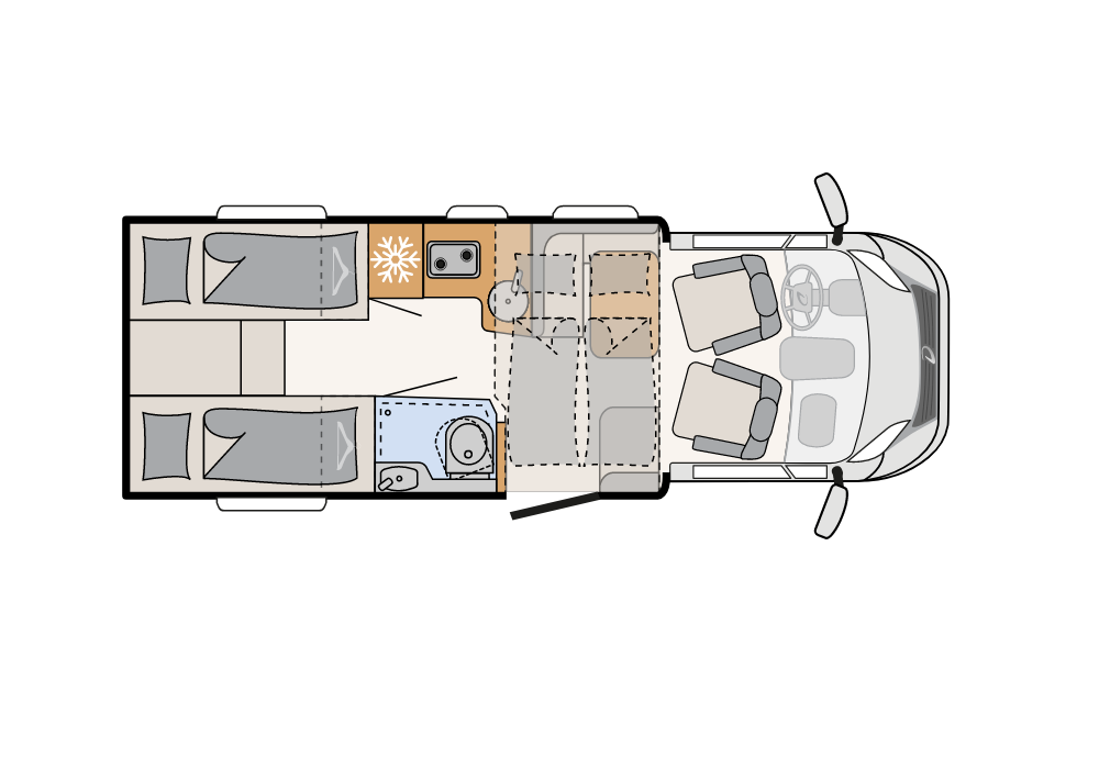 Tekening van indeling camper met enkele bedden