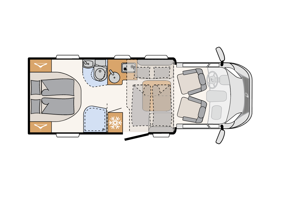 plattegrond van camper met een queensbed